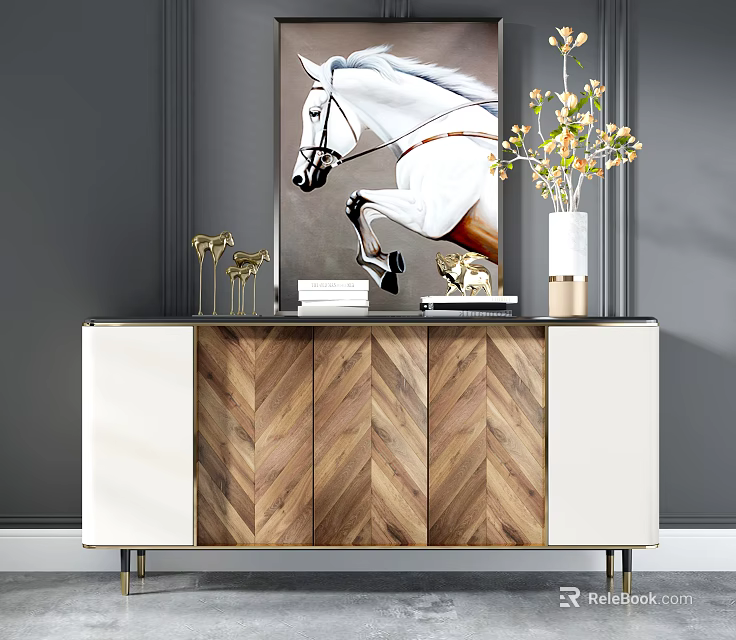 Modern Elegant Console Table With Chevron Wood Front Metal Frame White Horse Painting Golden Figurines And Flower Vase 3d model 