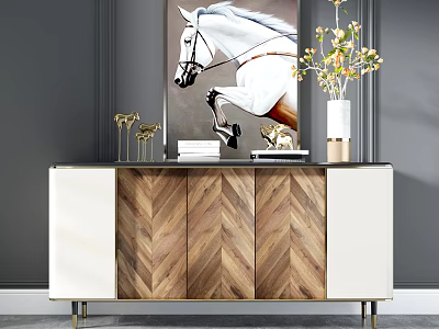 Modern Elegant Console Table With Chevron Wood Front Metal Frame White Horse Painting Golden Figurines And Flower Vase 3d model