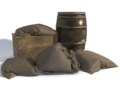 Vintage Decorative Ornament Set With Wooden Barrel Crate And Burlap Sacks For Home 3d model