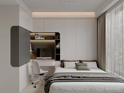 Modern Tatami Bedroom Interior With Tatami Bed Study Desk And Soft Curtains 3d model