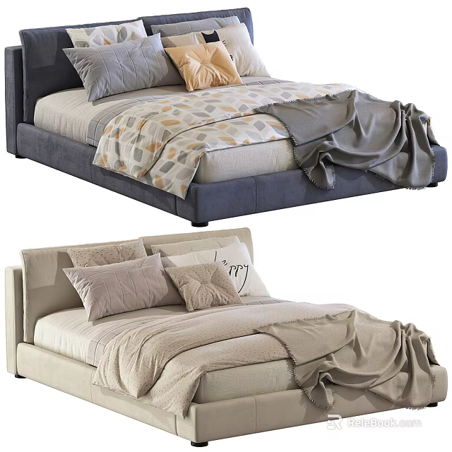 Stylish Double Bed With Patterned Bedspread Gray Yellow Pillows And Draped Blanket 3d model 