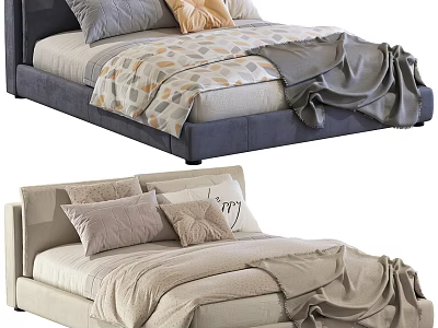 Stylish Double Bed With Patterned Bedspread Gray Yellow Pillows And Draped Blanket 3d model