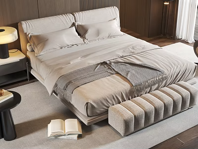 Modern Double Bed Interior With Beige Sheets Bed Bench And Nightstand Table Lamp 3d model