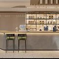 Mall Shop Interior Featuring Bar Counter Green Bar Stools Wooden Shelves Round Mirror Pendant Lights