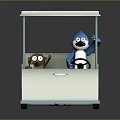 White Golf Cart With Canopy Carrying Cartoon Bear And Penguin Characters