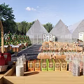 Rural Landscape With Greenhouses Farm Fields Flower Beds Stalls People Walking Trees And Mountains