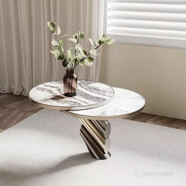 Marble Top Round Side Table with Vase and Green Plants on Modern Geometric Metal Base 3d model 