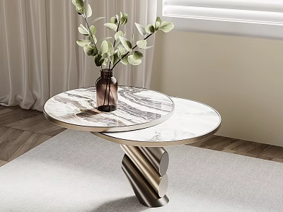 Marble Top Round Side Table with Vase and Green Plants on Modern Geometric Metal Base 3d model
