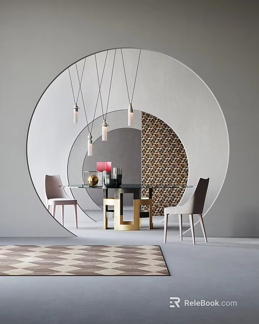 Modern Dining Table Set With Glass Top Chairs Pendant Lights Round Wall And Checkerboard Rug 3d model 