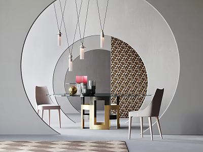 Modern Dining Table Set With Glass Top Chairs Pendant Lights Round Wall And Checkerboard Rug 3d model