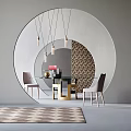 Modern Dining Table Set With Glass Top Chairs Pendant Lights Round Wall And Checkerboard Rug