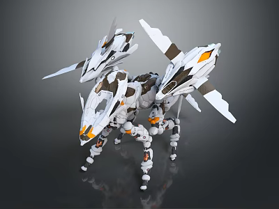 Mechanical Game Movie Character With White Black Orange Accents And Futuristic Winged Quadruped Design 3d model