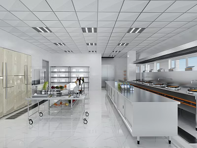 Commercial Kitchen Interior Featuring Stainless Steel Workstations Storage Racks And Refrigeration Units 3d model