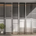 Modern Glass Hinged Doors With Black Frames In Interior Space Featuring Green Plant 3d model
