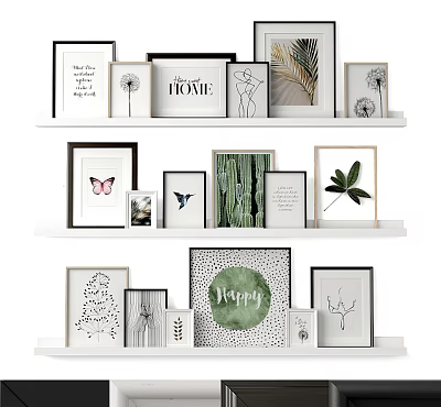 Photo Wall with White Shelves Multiple Frames Decorative Prints Butterfly Plant and HOME Lettering 3d model