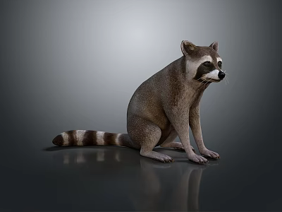 Realistic Raccoon Sitting On Reflective Surface With Striped Tail And Gray Background 3d model