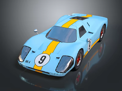 Light Blue Vintage Race Car With Yellow Stripes Number 9 And Red Wheels 3d model