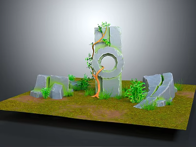 Cartoon Stone Scene With Circular Structure Green Vines Plants And Grass Field 3d model