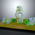 Cartoon Stone Scene With Circular Structure Green Vines Plants And Grass Field