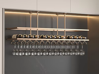 Elegant Modern Metal Wine Rack Holding Hanging Wine Glasses And Stored Wine Bottles In Interior 3d model