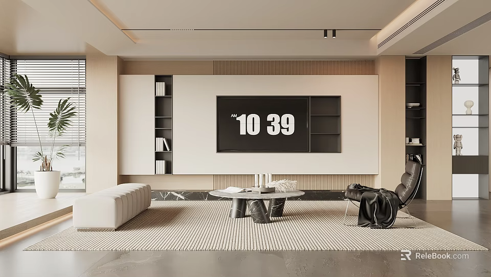 Modern Living Room Interior With TV Wall Built in Bookshelves Sofa Coffee Table And Rug 3d model 