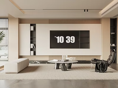 Modern Living Room Interior With TV Wall Built in Bookshelves Sofa Coffee Table And Rug 3d model