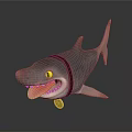 Cartoon Shark With Yellow Eyes Open Mouth Teeth Red Tongue Brown Collar And Gold Pendant