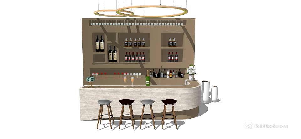 Modern Bar Counter With Stools Wine Bottles Glasses And Hanging Lights 3d model 