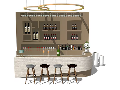 Modern Bar Counter With Stools Wine Bottles Glasses And Hanging Lights 3d model
