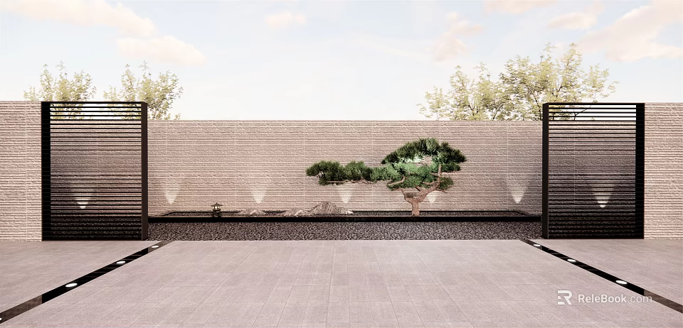 Natural Stone Garden Feature Wall With Pine Tree And Landscape Lighting 3d model