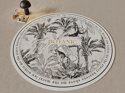 Round Botanic Rug With Black And White Plant Leaf Patterns For Interior Decor 3d model