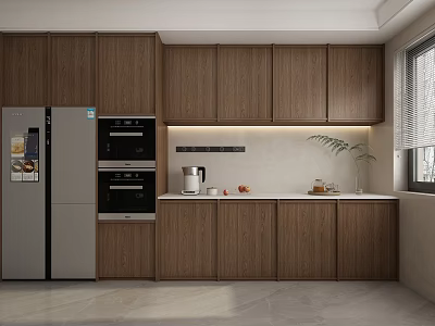 Modern Kitchen With Wooden Cabinets Double Door Refrigerator Built-in Ovens Light Countertop Coffee Maker Window 3d model