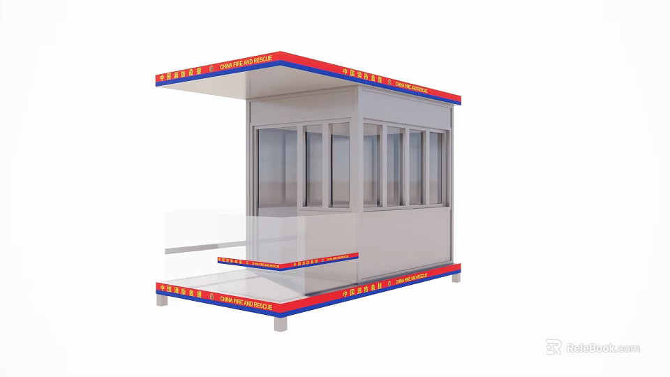 Modern Security Guard Booth With Red Blue Borders Multiple Glass Windows And White Structure 3d model 