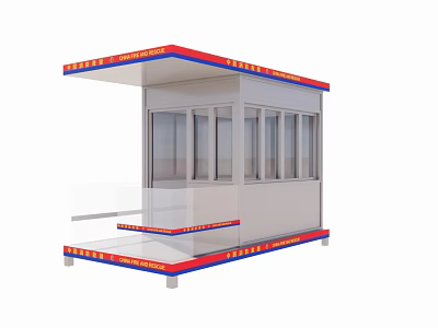 Modern Security Guard Booth With Red Blue Borders Multiple Glass Windows And White Structure 3d model