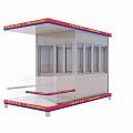 Modern Security Guard Booth With Red Blue Borders Multiple Glass Windows And White Structure