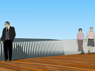 Metal Vertical Strip Fence On Wooden Deck With People Walking And Standing 3d model