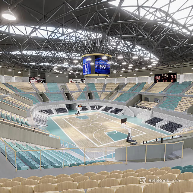 Modern Indoor Sports Fitness Arena Featuring Basketball Court Green Seats And Stands 3d model 