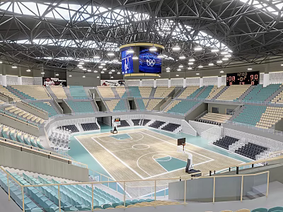 Modern Indoor Sports Fitness Arena Featuring Basketball Court Green Seats And Stands 3d model