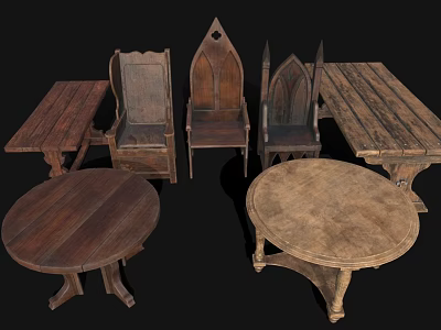 Vintage Wooden Tables And Chairs Set With Rustic Design And Various Styles 3d model