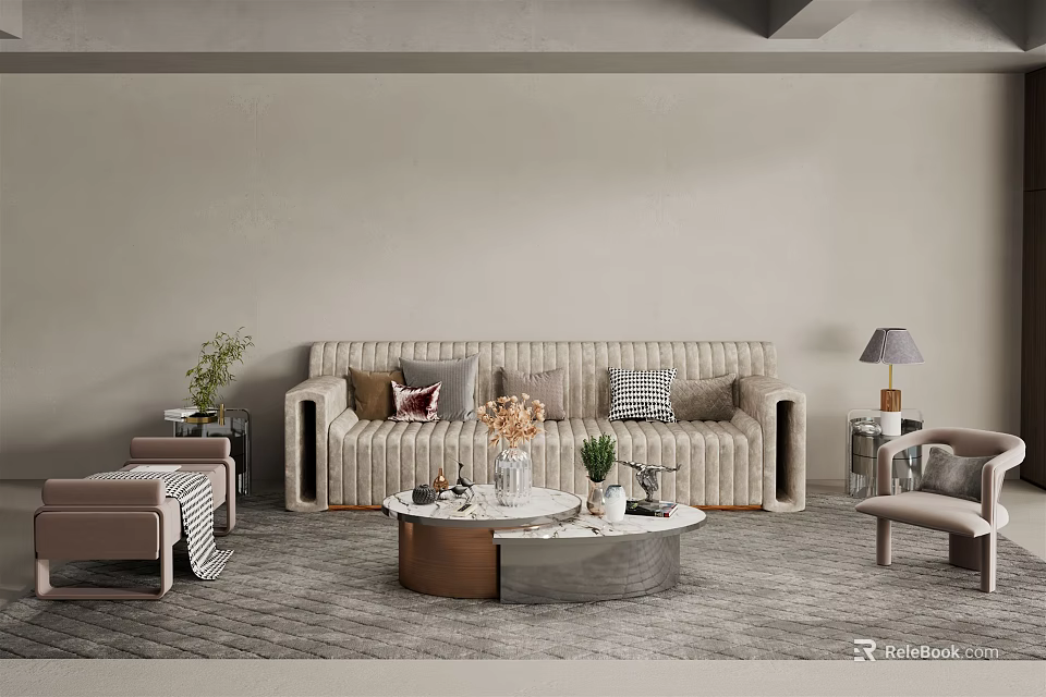 Beige Sofa And Round Coffee Table Set With Cushions Decorative Items And Chairs 3d model