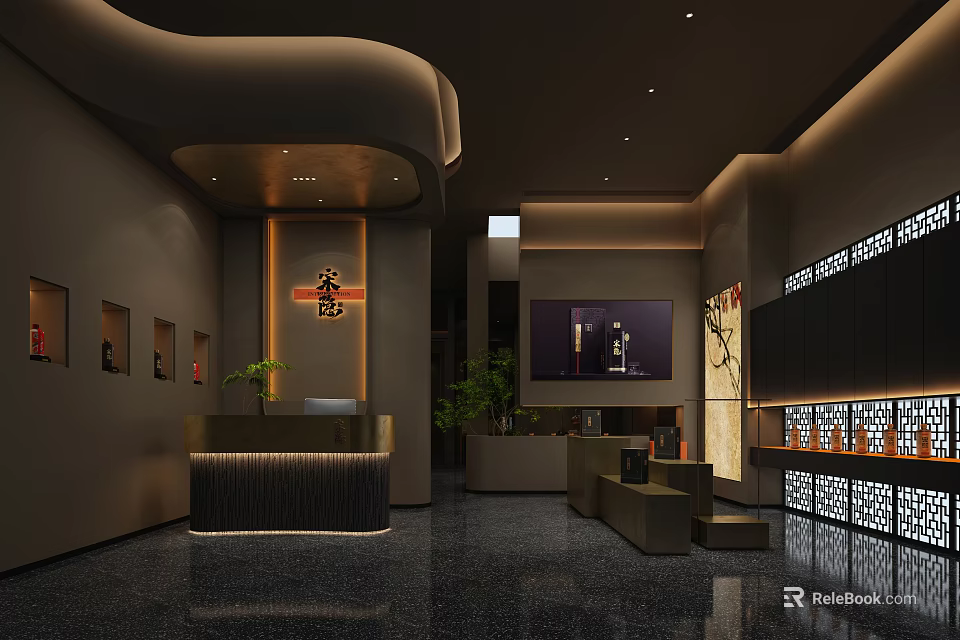 Modern Reception Area Interior With Reception Desk TV Green Plants And Decorative Paintings 3d model 