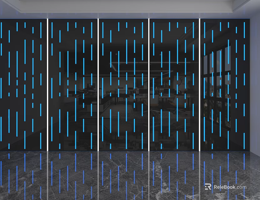 Modern Background Wall with Black Panels and Blue Vertical Stripes and Reflective Marble Floor Design 3d model 