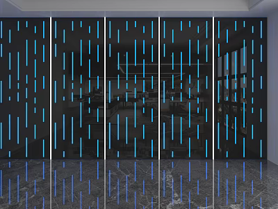 Modern Background Wall with Black Panels and Blue Vertical Stripes and Reflective Marble Floor Design 3d model