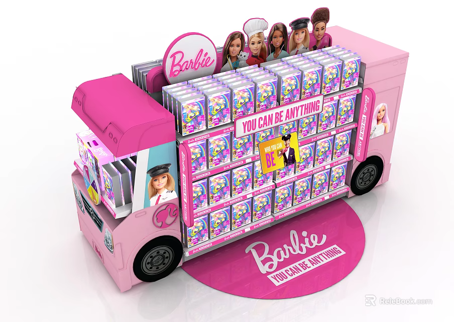 Pink Barbie Bus Shaped Display Shelf with Dolls and Imagination Products 3d model 