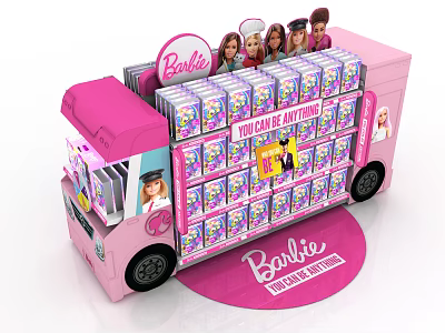 Pink Barbie Bus Shaped Display Shelf with Dolls and Imagination Products 3d model
