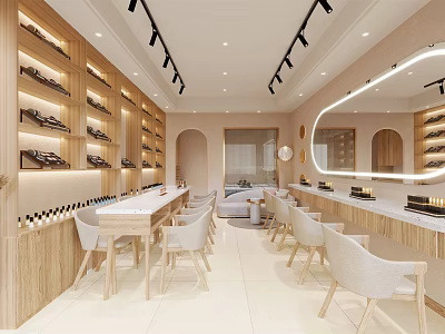 Modern Beauty Hair Salon Interior With Wooden Product Shelves White Chairs And Ceiling Spotlights 3d model