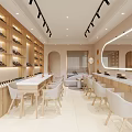 Modern Beauty Hair Salon Interior With Wooden Product Shelves White Chairs And Ceiling Spotlights