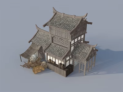 Traditional Chinese Ancient Architecture With Multiple Layered Tile Roofs Wooden Frame And Attached Shed 3d model
