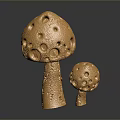Three Decorative Golden Mushrooms with Textured Surface and Holes on Dark Background