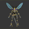 Mechanical Insect Character With Blue Wings Yellow Metallic Body And Sword Standing On Reflective Ground